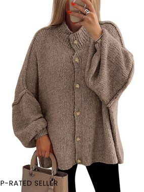 Chunky Knit Cardigan Mock Neck Lantern Sleeve Oversized Winter Sweater